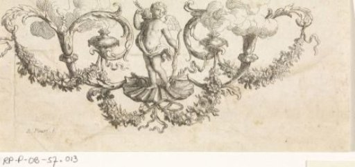 Amor standing on a shell surrounded by ornament
