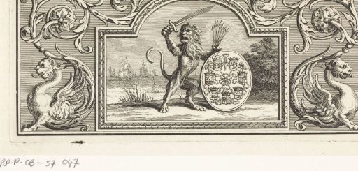Dutch lion holding the coat of arms of the seven provinces
