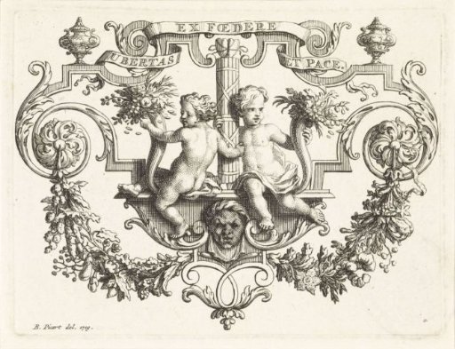 Ornaments and in the centre putti holding a cornucopia