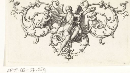 Engel kroont twee putti omgeven door ornamenten