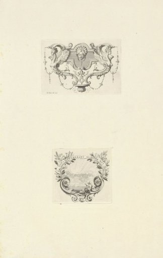 Ornament with a mask and ornamental cartouche with a setting sun