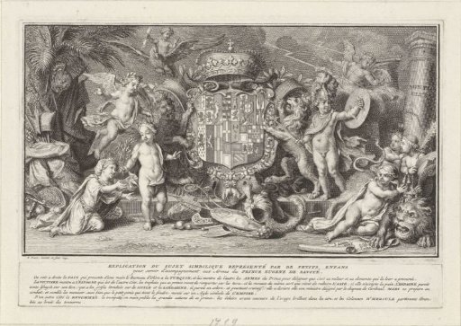 Coat of arms of Eugene of Savoy surrounded by allegorical figures