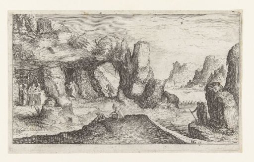 Landscape with figures at a cave