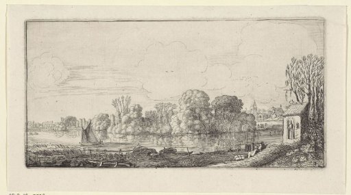 Travelers near a chapel on a river
