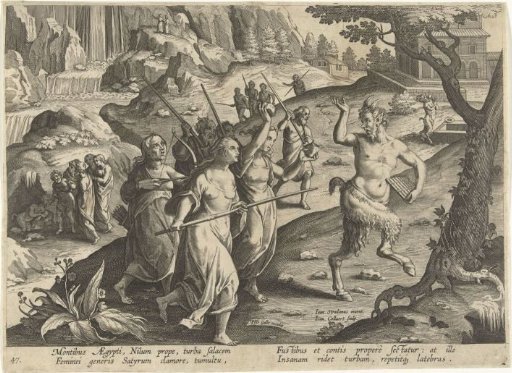 Women driving away a satyr