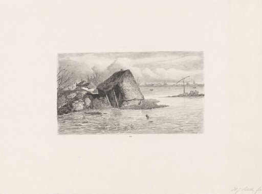 Flooded area with collapsed house