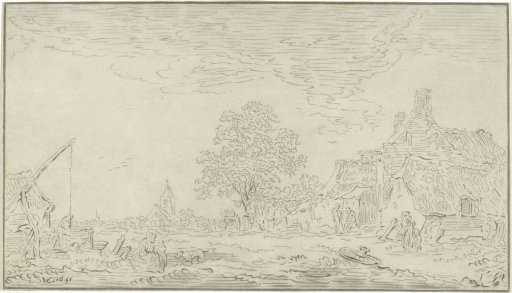 View of a village with a water well on the left