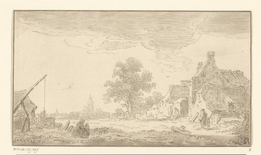 View of a village with a water well on the left