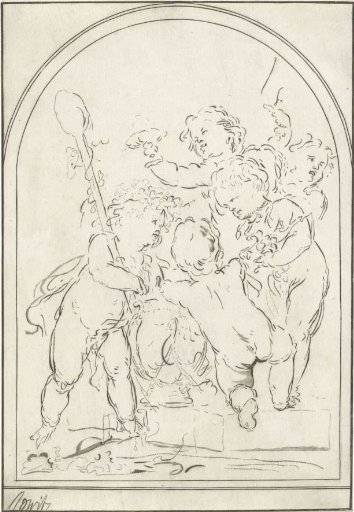 Five putti by a vase with grapevine