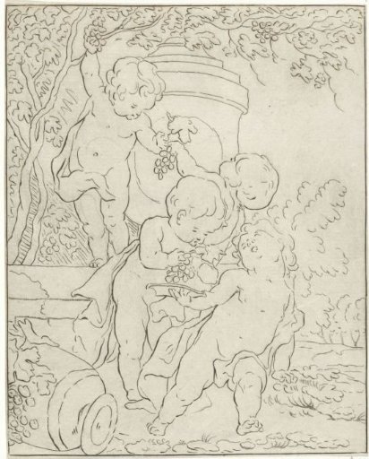 Four grape-picking putti by a vase