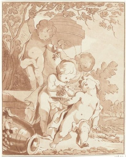 Four grape-picking putti by a vase