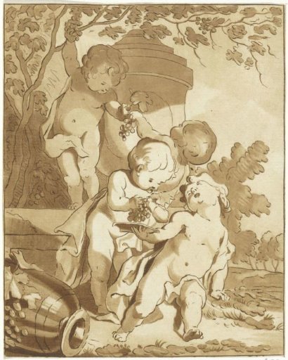 Four grape-picking putti by a vase