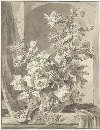 Vase with flowers in front of a niche
