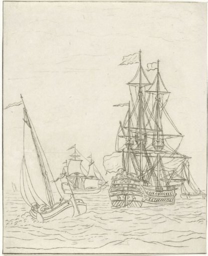 Warship and three sailing ships on the open sea