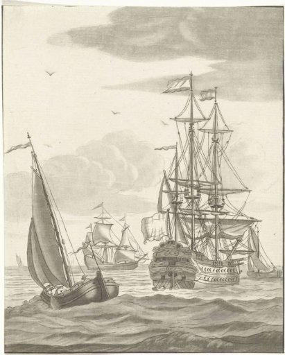 Warship and three sailing ships on the open sea
