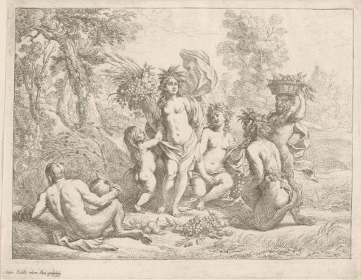 Ceres in a landscape, in the company of three satyrs