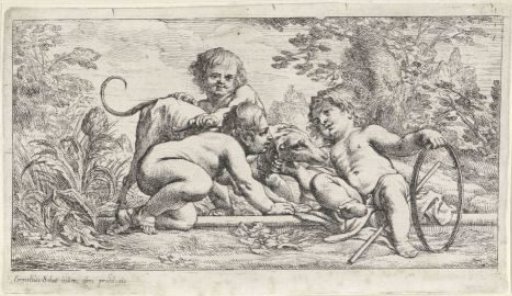 Three children with a dog in a landscape