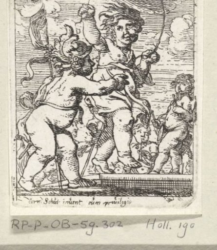Four putti, one with a helmet and banner