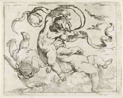 Three flying putti with scrolls