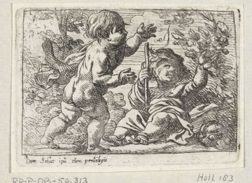 Two boys picking fruit in a landscape