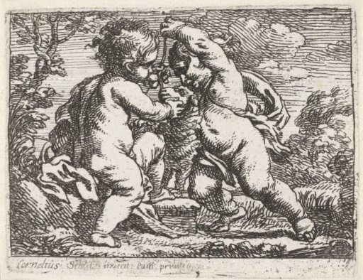 Two naked children with a lamb