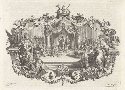 Man kneeling before a throne in a large hall