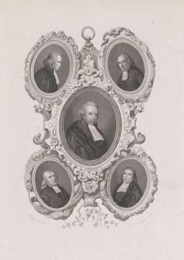 Five portraits in medallion: Prof. Johannes Clarisse, Prof. Herman Muntinghe, Ds. Johan Diederich Deiman, Prof. Jodocus Heringa and Ds. Ewaldus Kist