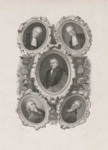 Five portraits in medallion: Prof. Wessel Albertus van Hengel, Prof. Herman Johan Royaards, Prof. Abraham (I) des Amorie van der Hoeven, Prof. Gerrit Jacob Hesselink and Ds. Johan Wilhelm Statius Muller