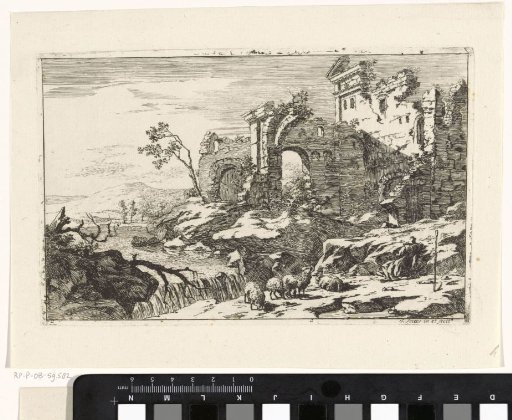 Landscape with ruin and waterfall