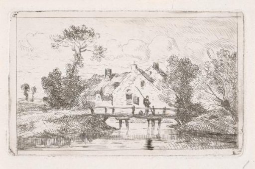 Angler on a small bridge near a farmhouse