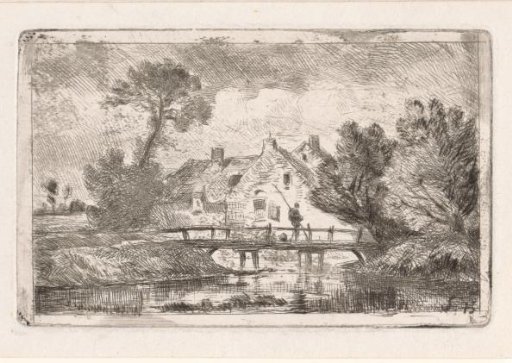Angler on a small bridge near a farmhouse