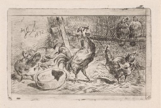 Crowing rooster with hens in a coop
