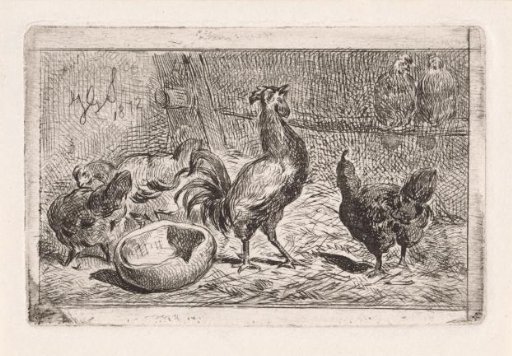 Crowing rooster with hens in a coop