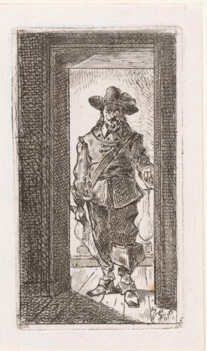 Man in seventeenth-century dress, standing in a doorway