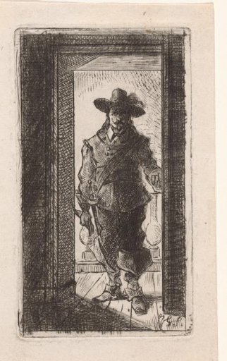 Man in seventeenth-century dress, standing in a doorway