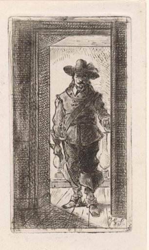 Man in seventeenth-century dress, standing in a doorway