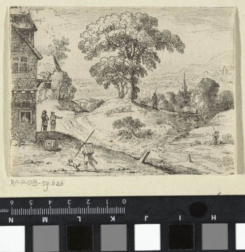 Landscape, with two men on the left near a house