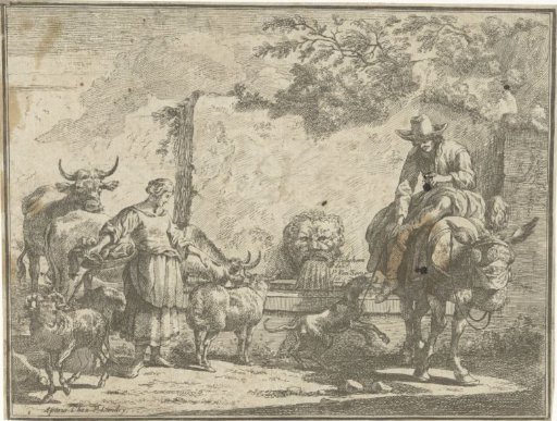 Woman and Man on a Donkey by a Spring