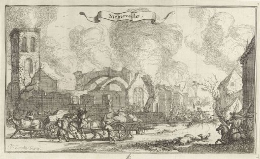 French troops marching, plundering and shooting through the ruins of the village of Nigtevecht, 1672