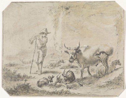 Shepherd Leaning on His Staff Among His Cattle
