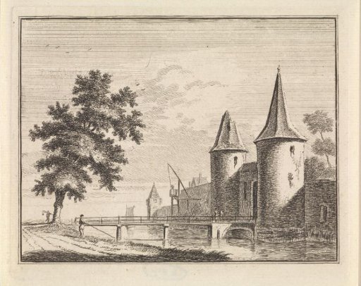 River landscape with a city gate