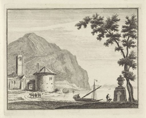 River landscape with a church near a mountain