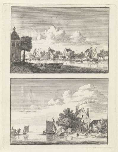 Two river landscapes with sailing ships near houses