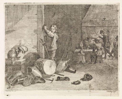 Interior with a boy beside a drum and armour