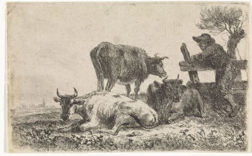 Three cows and a boy in a meadow