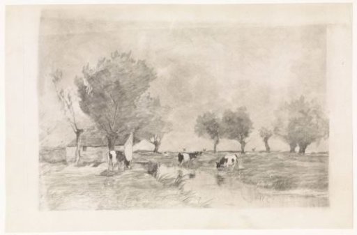 Landscape with three cows by a ditch