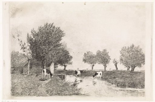 Landscape with three cows by a ditch