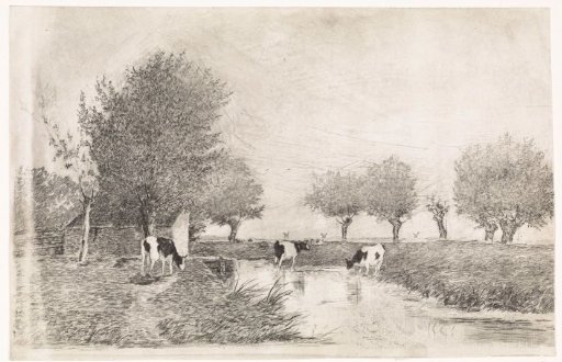 Landscape with three cows by a ditch