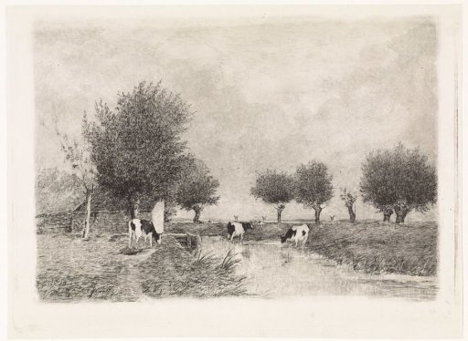 Landscape with three cows by a ditch