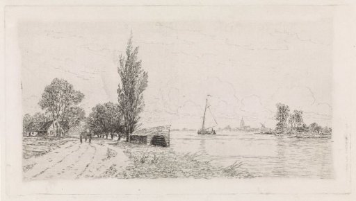 River landscape with a sailing ship